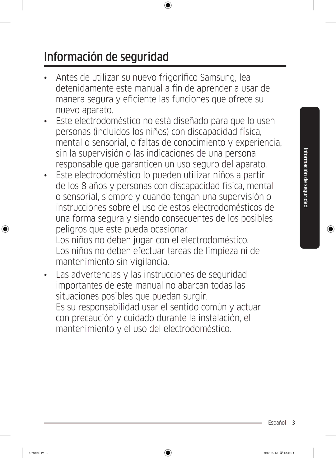 Samsung RR39M7000SA/EF, RR39M7200SA/EF, RR39M7000WW/EF, RR39M7200WW/EF, RR39M7110S9/ES Información de seguridad, Español  